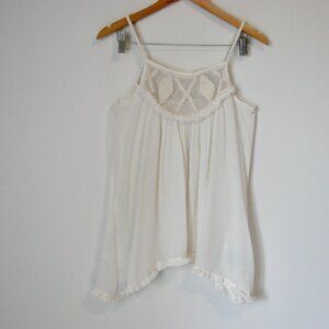 Cream Sleeveless Tank Top Boho Crochet Fringe Babydoll Loose Flowy Size Medium